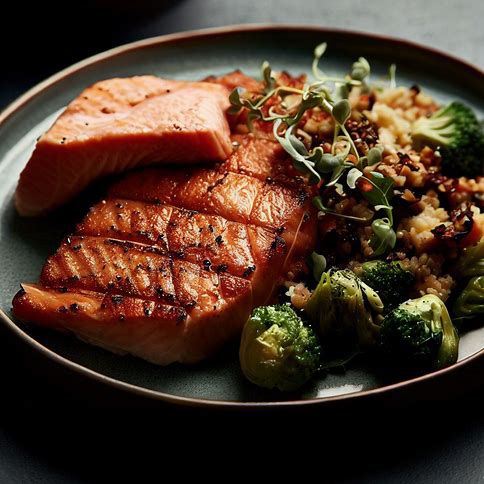 🐟🌿 Grilled Salmon with Roasted Brussels Sprouts and Quinoa: A Wholesome & Delicious Meal 🌿🐟